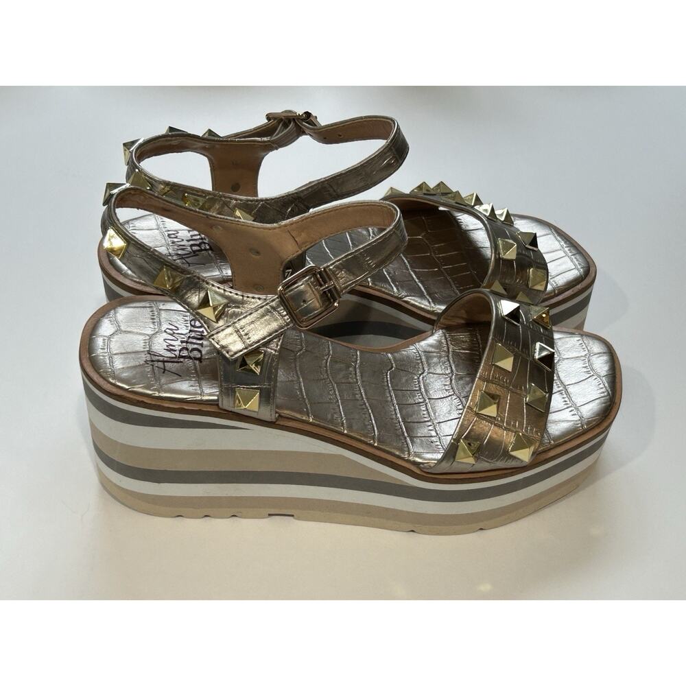 Alina Blue Sandals metallic bronze studded ankle strap with buckle